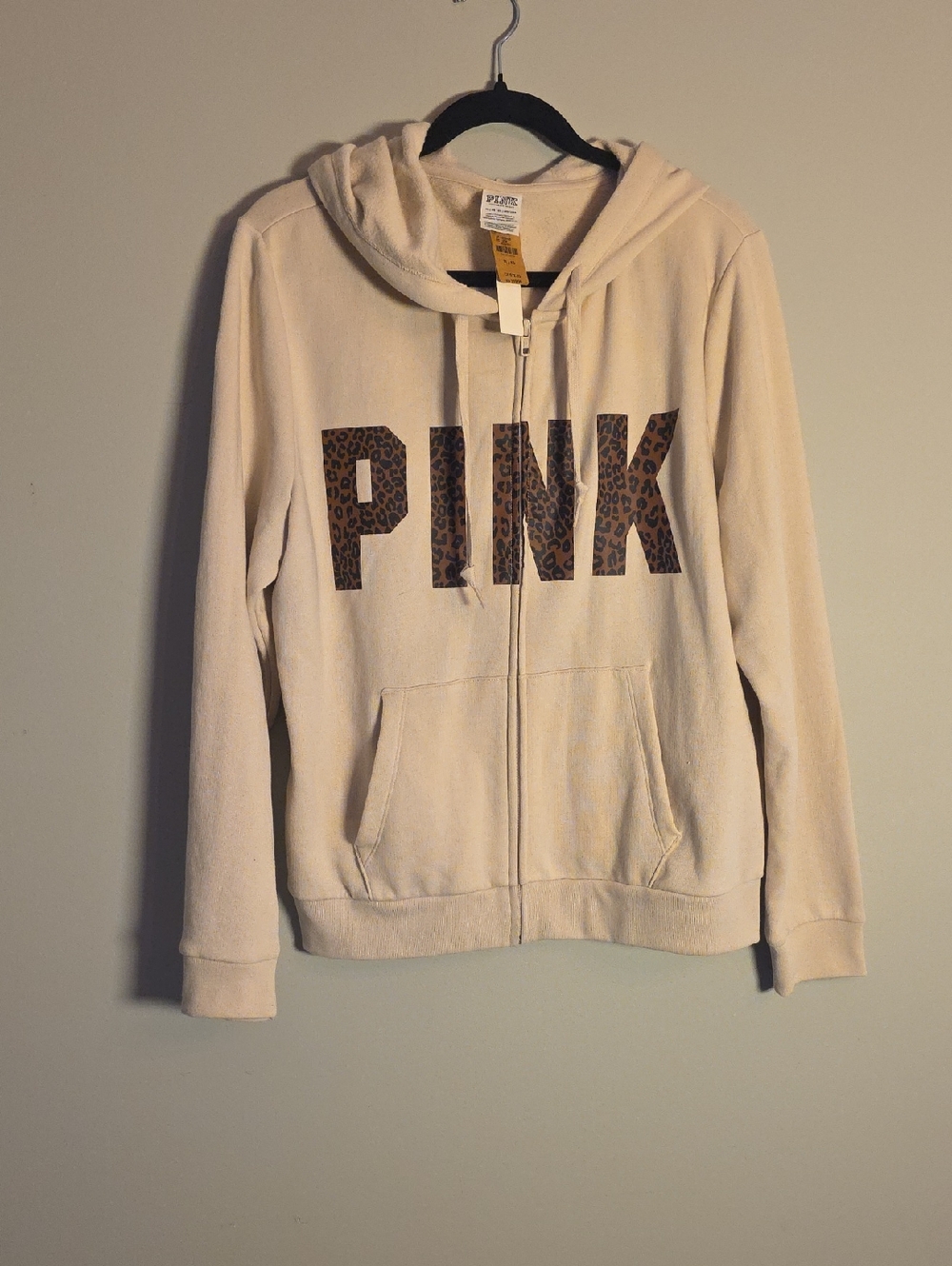 PINK Victoria's Secret Cream Zip-Up Hoodie with Leopard Logo